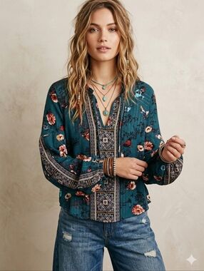 Self Esteem Boho Floral Blouse Teal Lurex Pinstripe Peasant Top Large